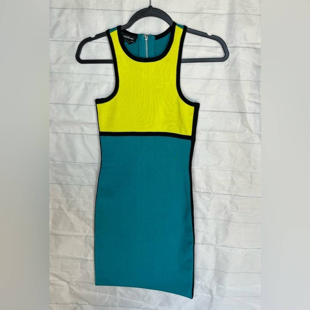 BEBE dress neon green and blue bodycon dress size small women’s dress